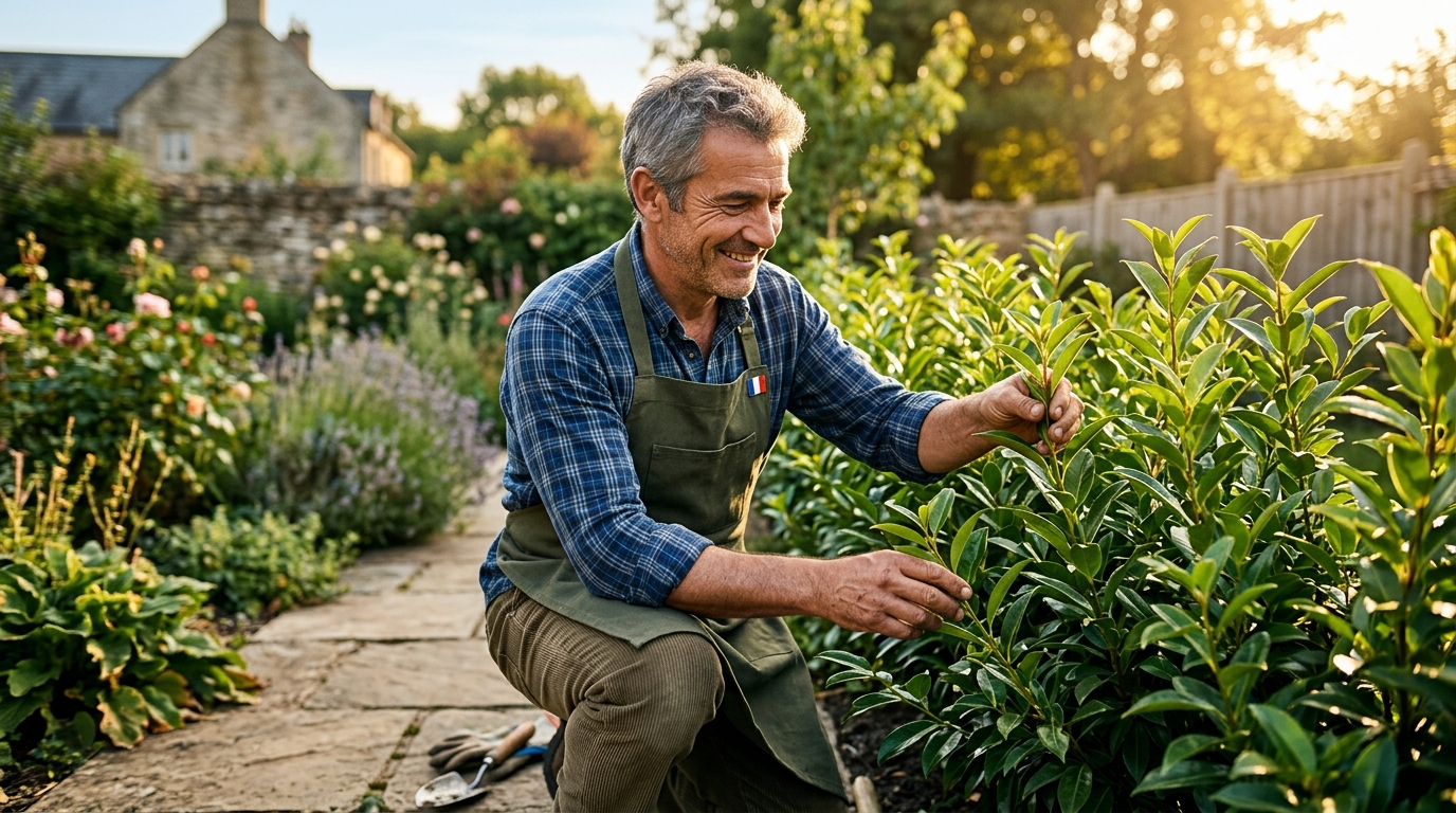 Jardinier souriant touchant les feuilles d'un laurier du Portugal