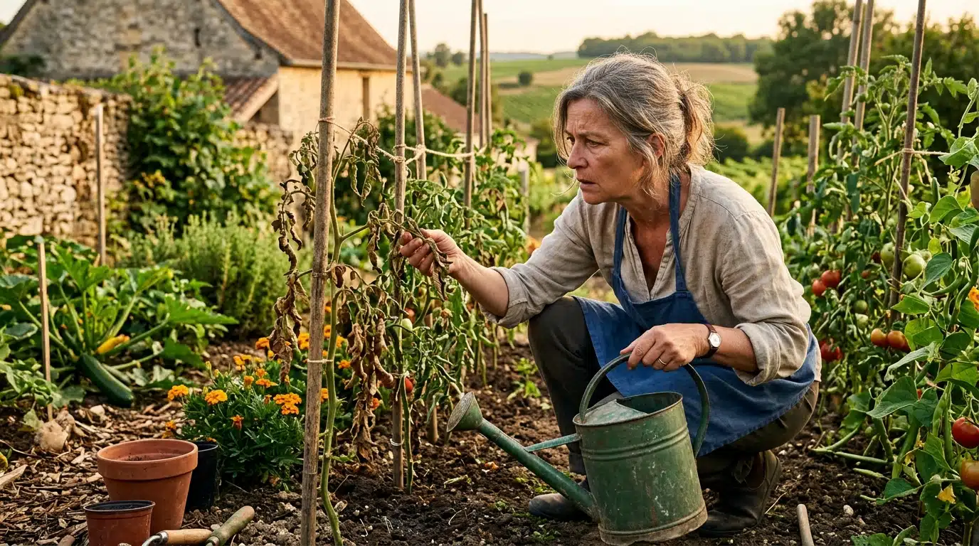 Femme arrosant son potager le soir en été