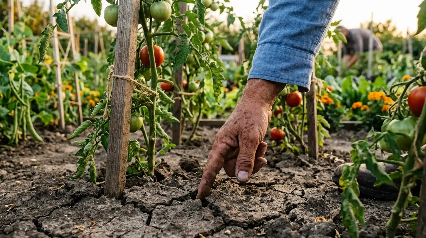 Main testant l'humidité du sol au potager