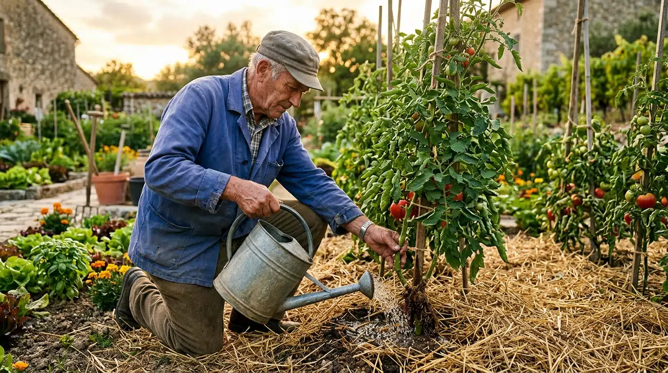 Jardinier arrosant le pied d'un plant de tomate