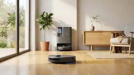 Robot aspirateur laveur glissant sur parquet clair