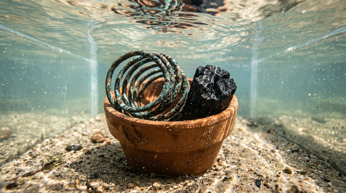 Fil de cuivre et charbon dans pot en terre cuite