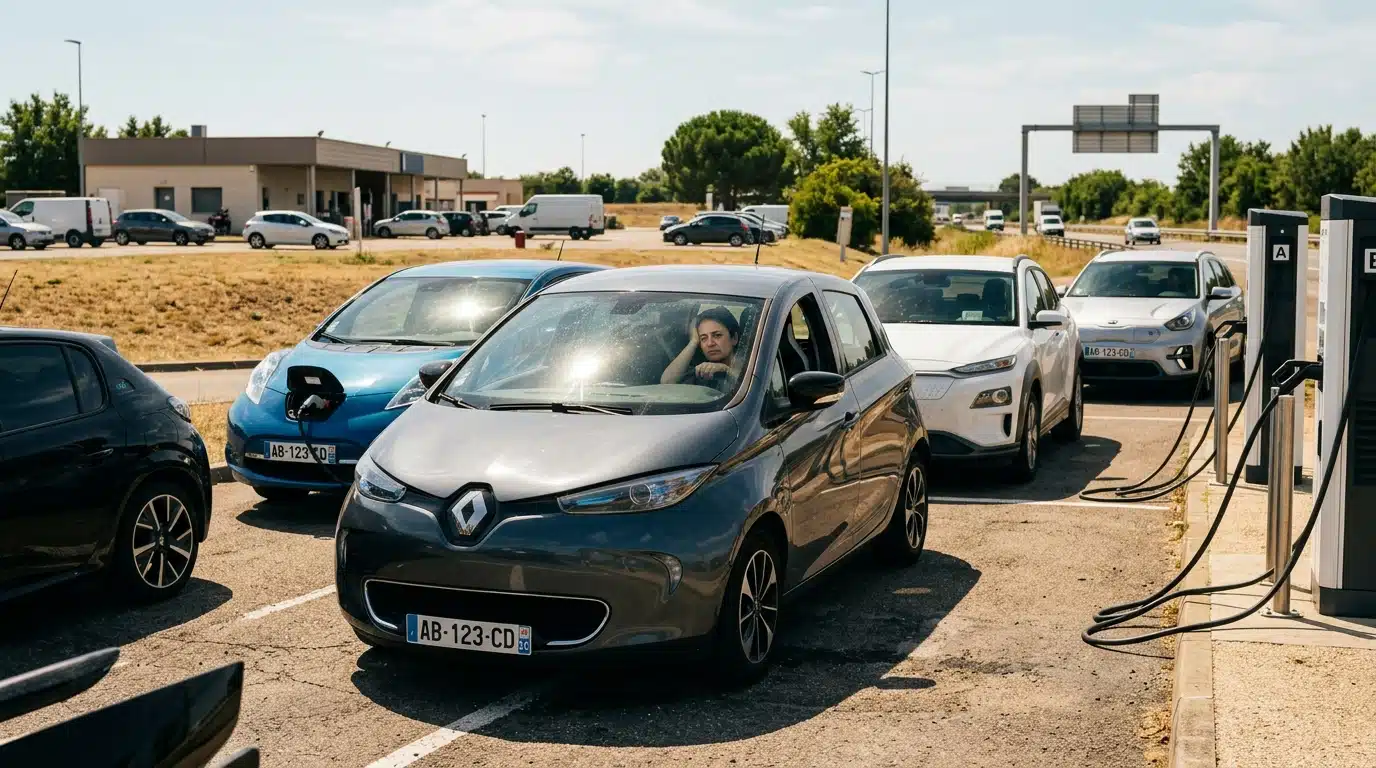 File de voitures électriques attendant à une borne d'autoroute