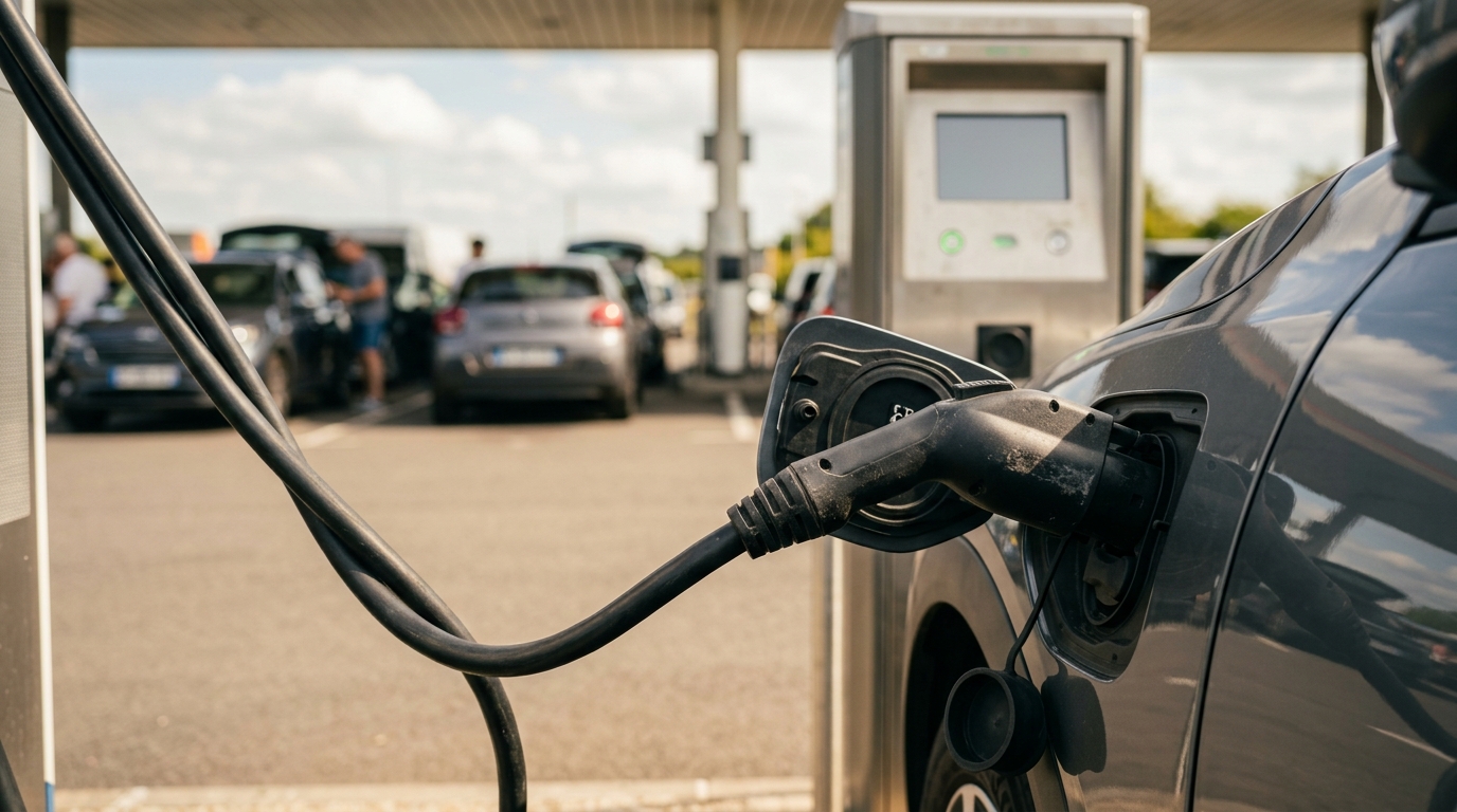 Câble de recharge branché sur une borne rapide autoroute