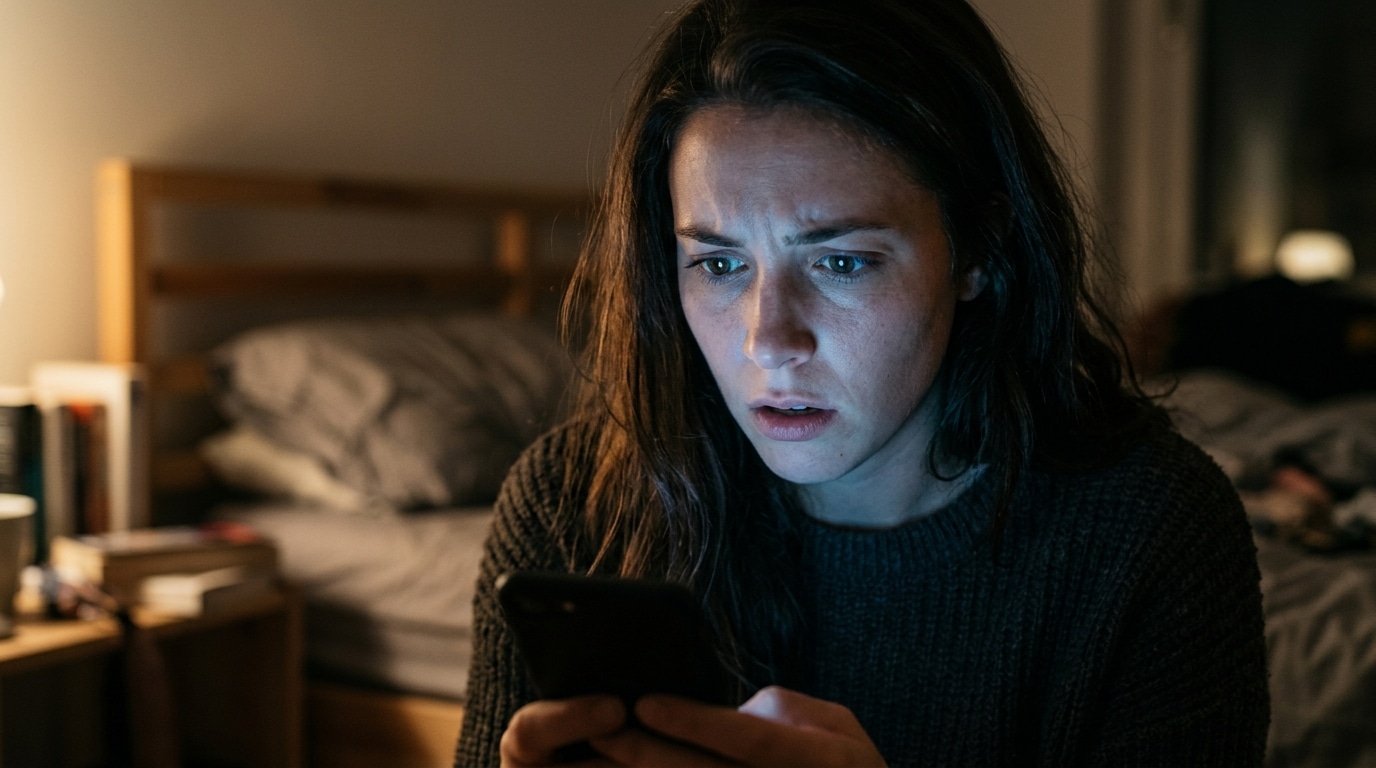 Femme choquée regardant l'écran de son smartphone