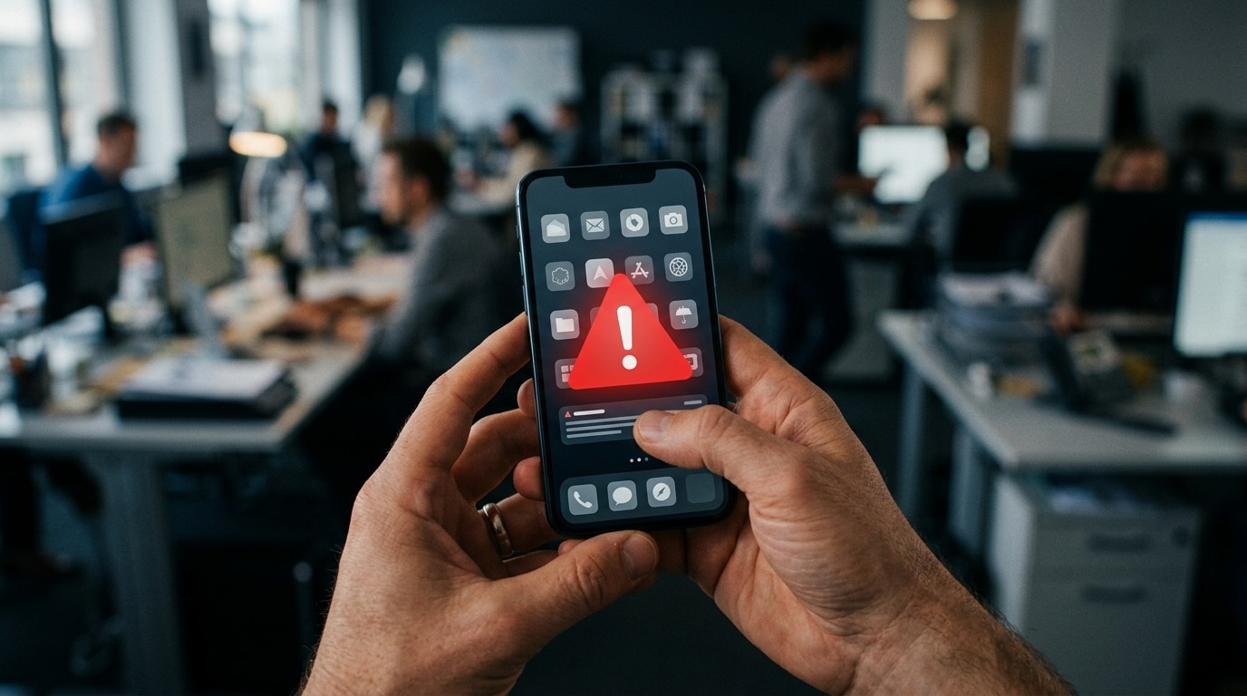 Main tenant un smartphone avec alerte de sécurité