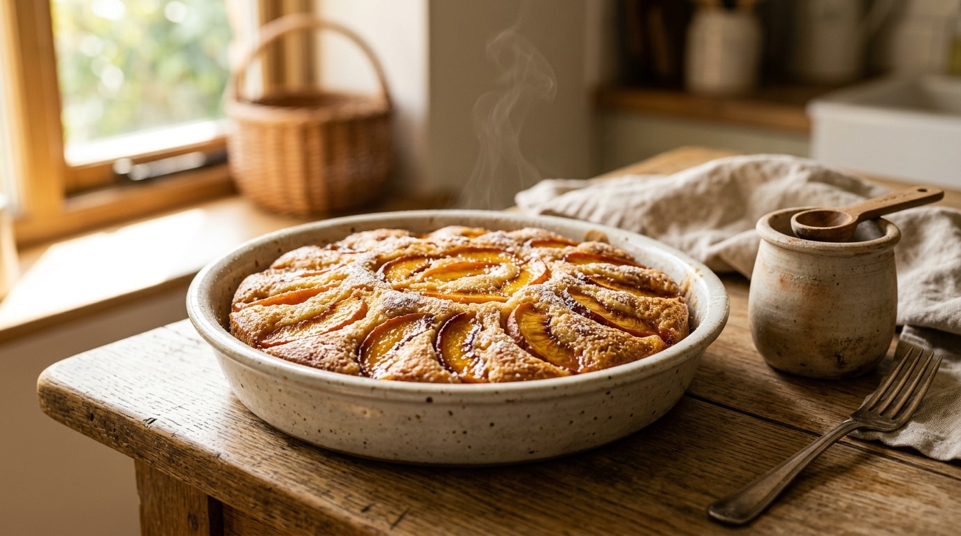 Gâteau au yaourt doré avec morceaux de pêches caramélisées