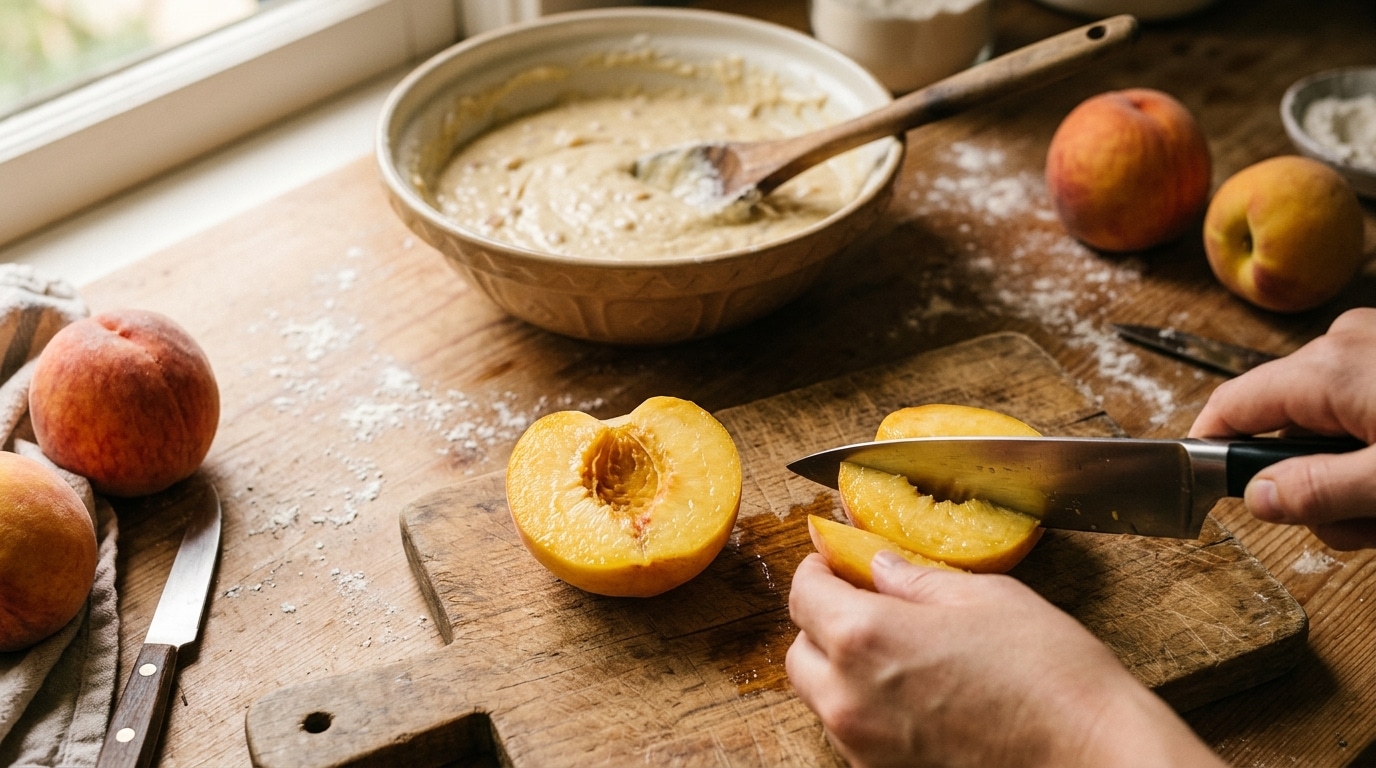 Pêches fraîches coupées sur planche en bois en cuisine