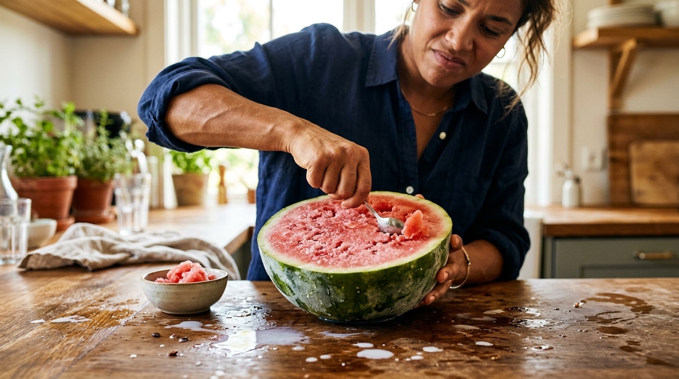 Main grattant un melon glacé avec une cuillère