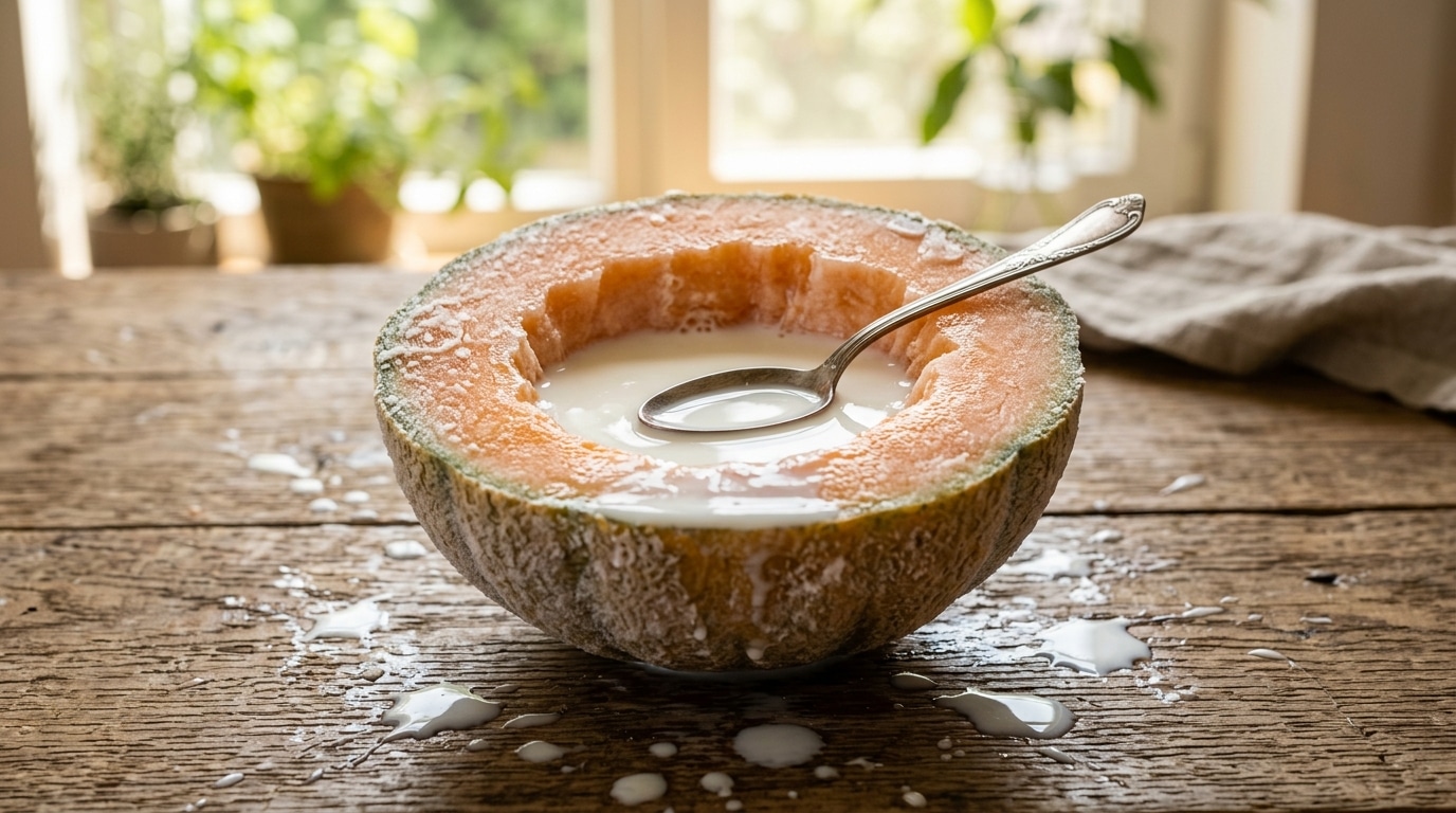 Melon congelé évidé rempli de lait sur table