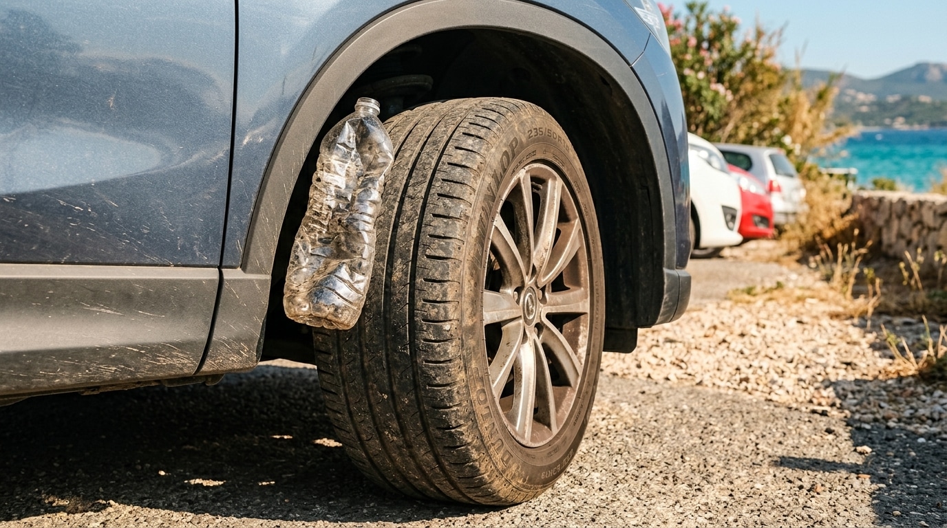 Bouteille en plastique coincée dans une roue de voiture