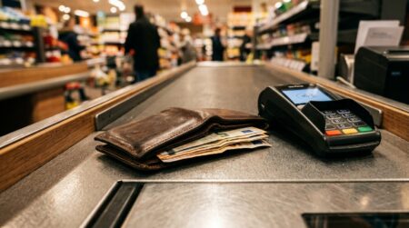 Portefeuille en cuir oublié près d'une caisse de supermarché