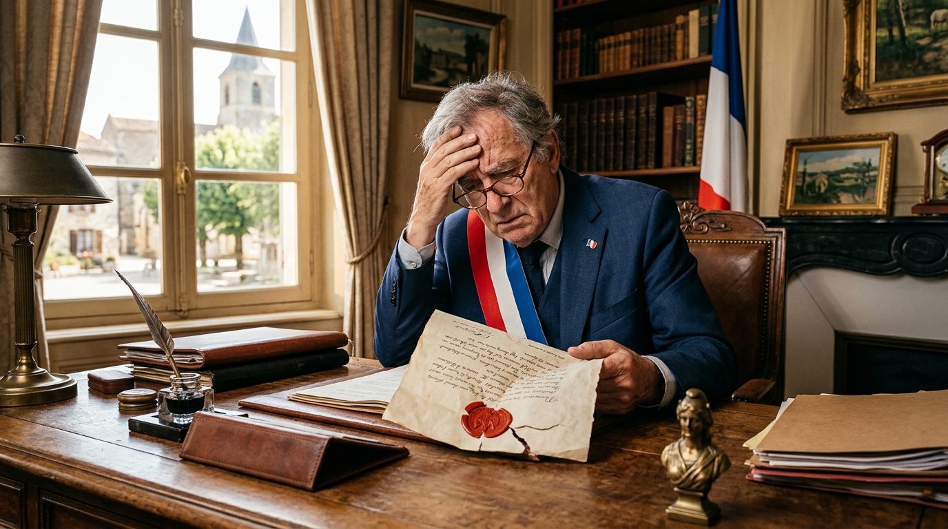 Maire français tenant un arrêté municipal insolite
