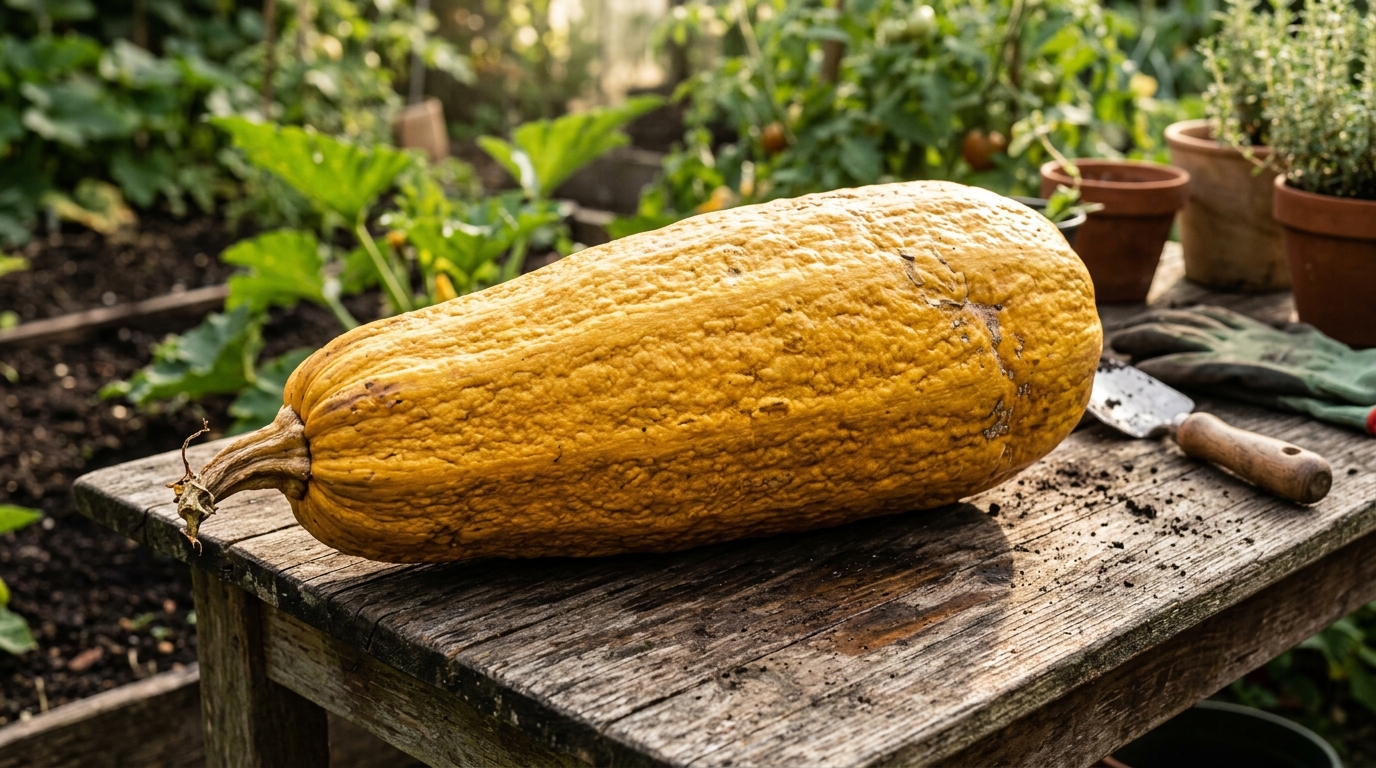 Courgette géante jaunie posée sur table en bois
