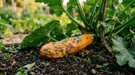 Courgette jaunie pourrissant au pied du plant