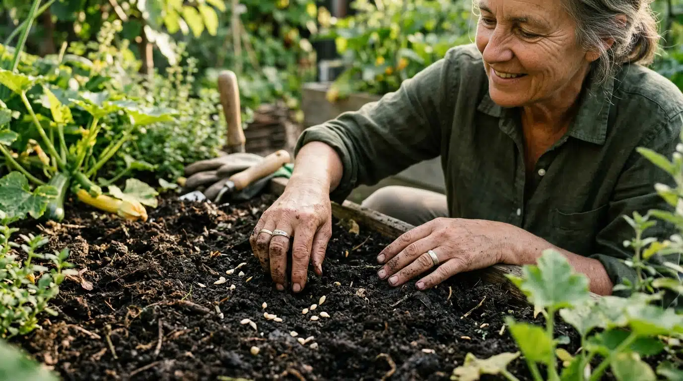 Mains posées sur la terre riche du potager