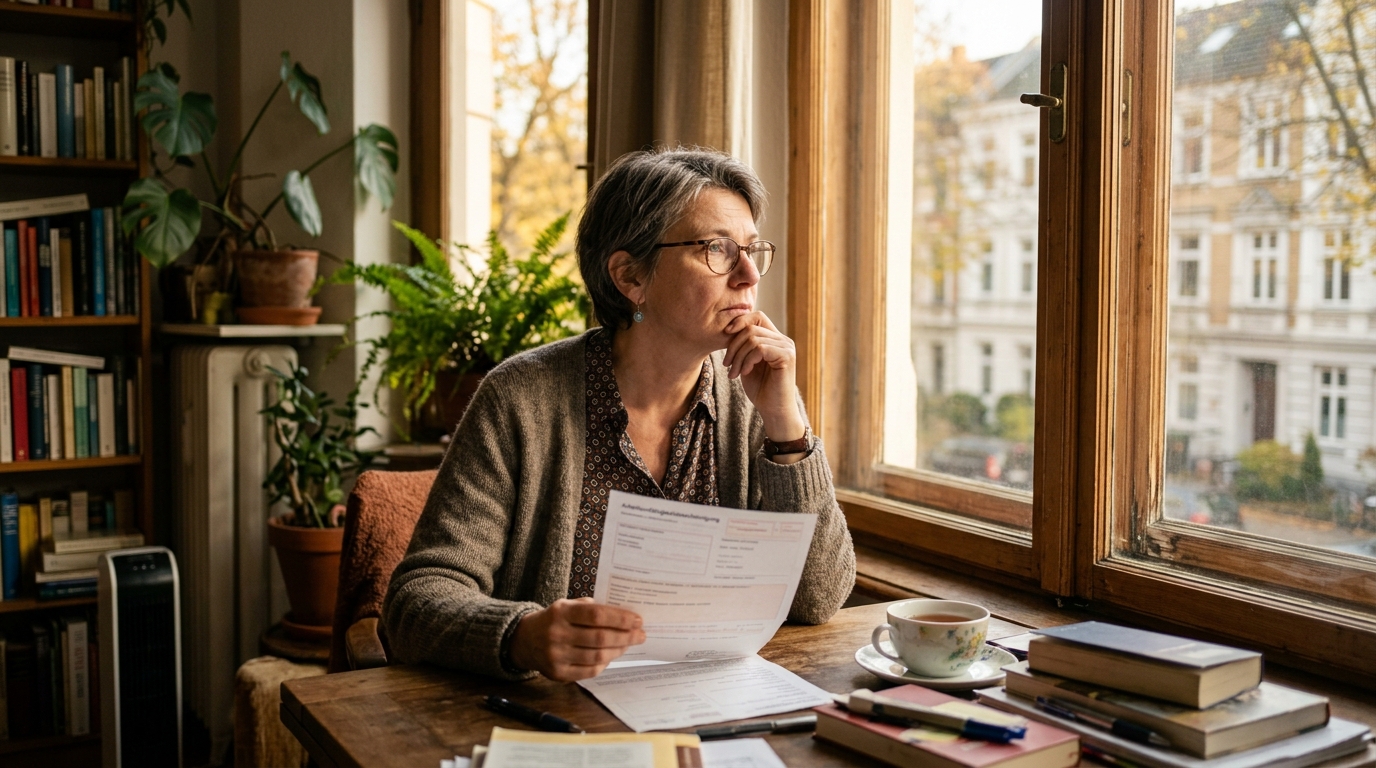 Enseignante allemande pensive tenant un certificat médical