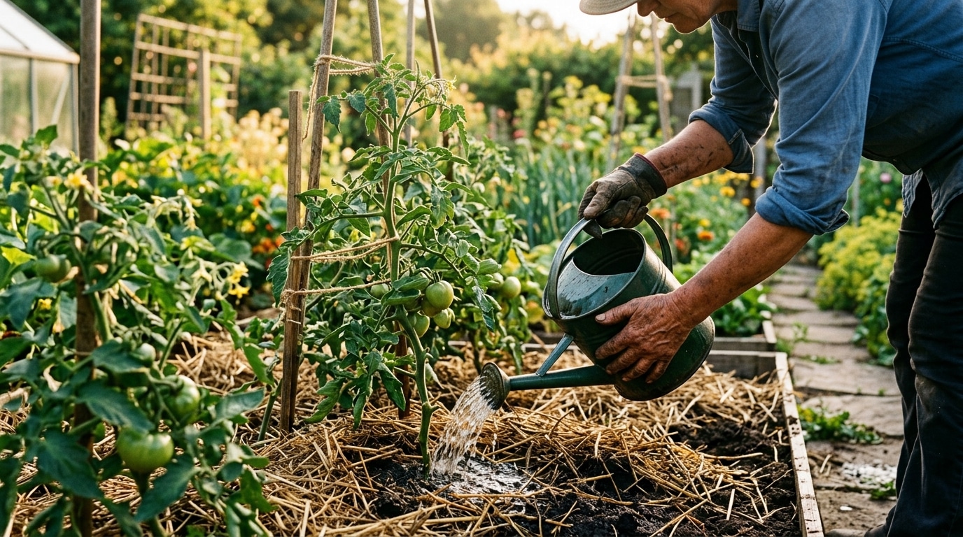 Arrosage profond au pied d'un plant de tomate