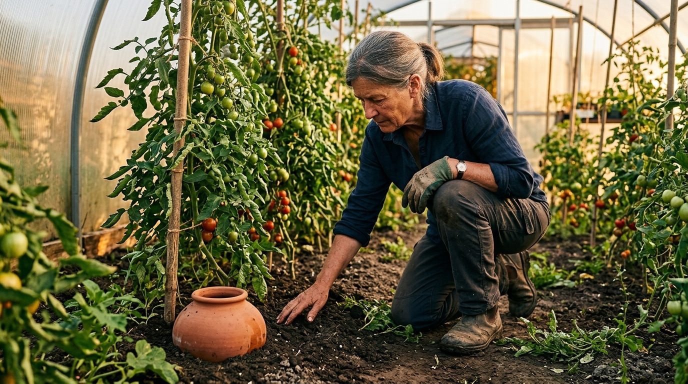 Jardinier vérifiant l'humidité du sol sous serre