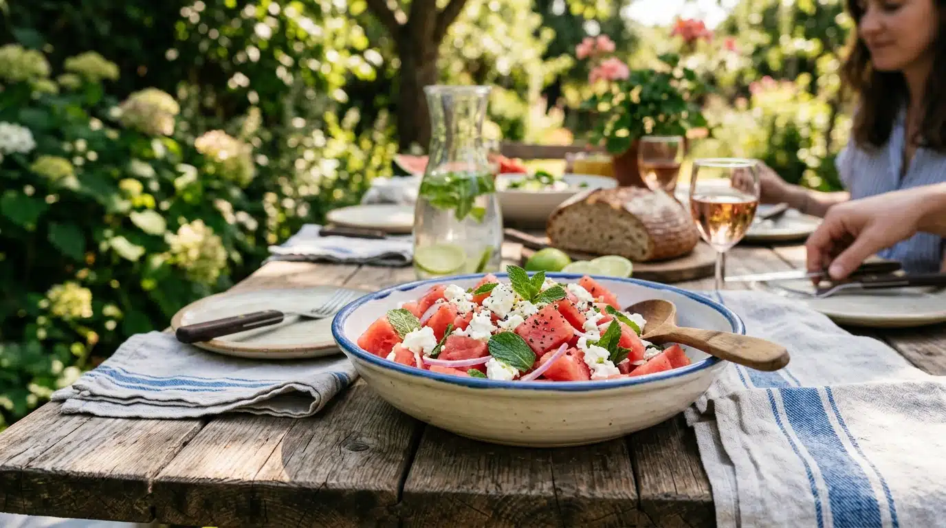 Table d'été avec salade de pastèque et feta