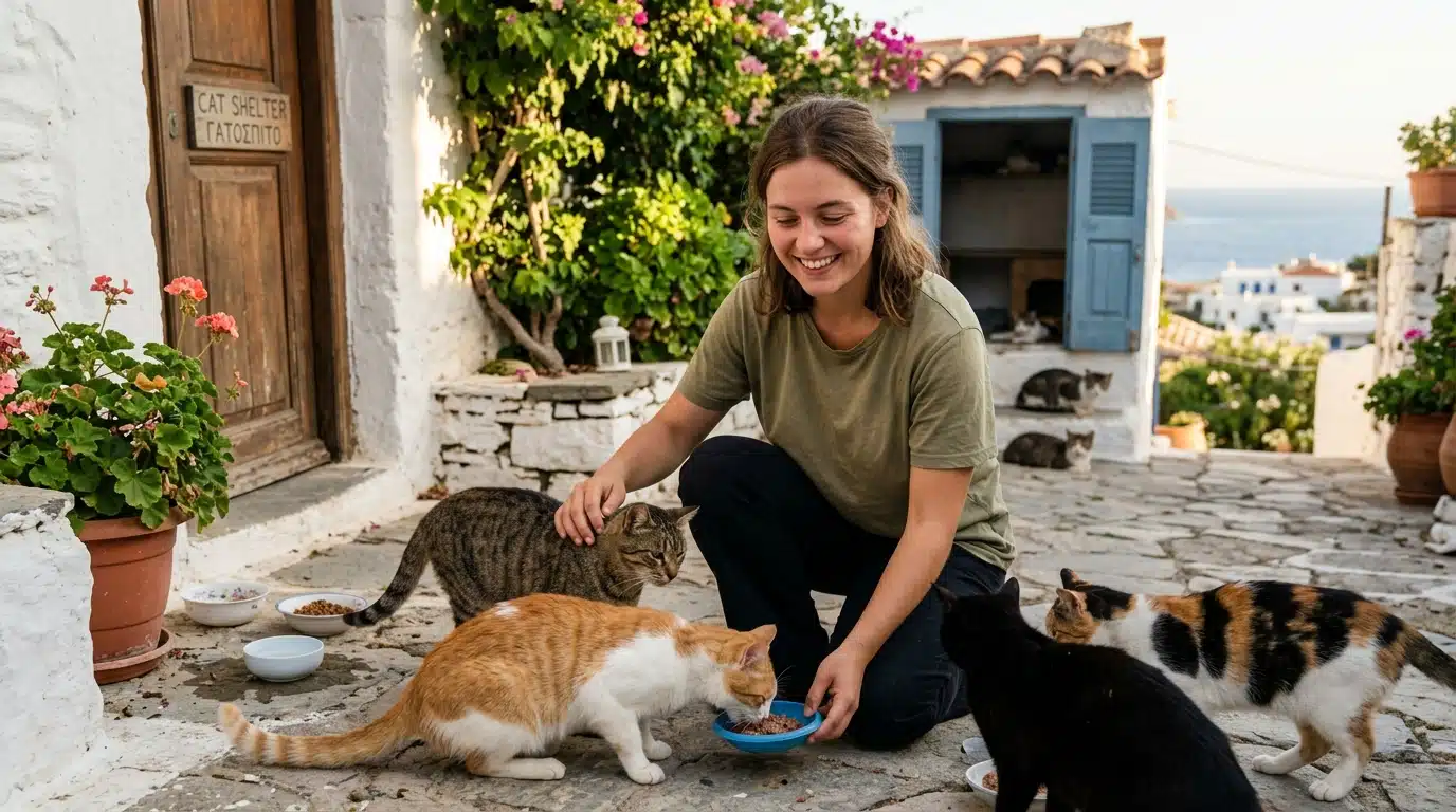 Bénévole souriante nourrissant des chats à Syros