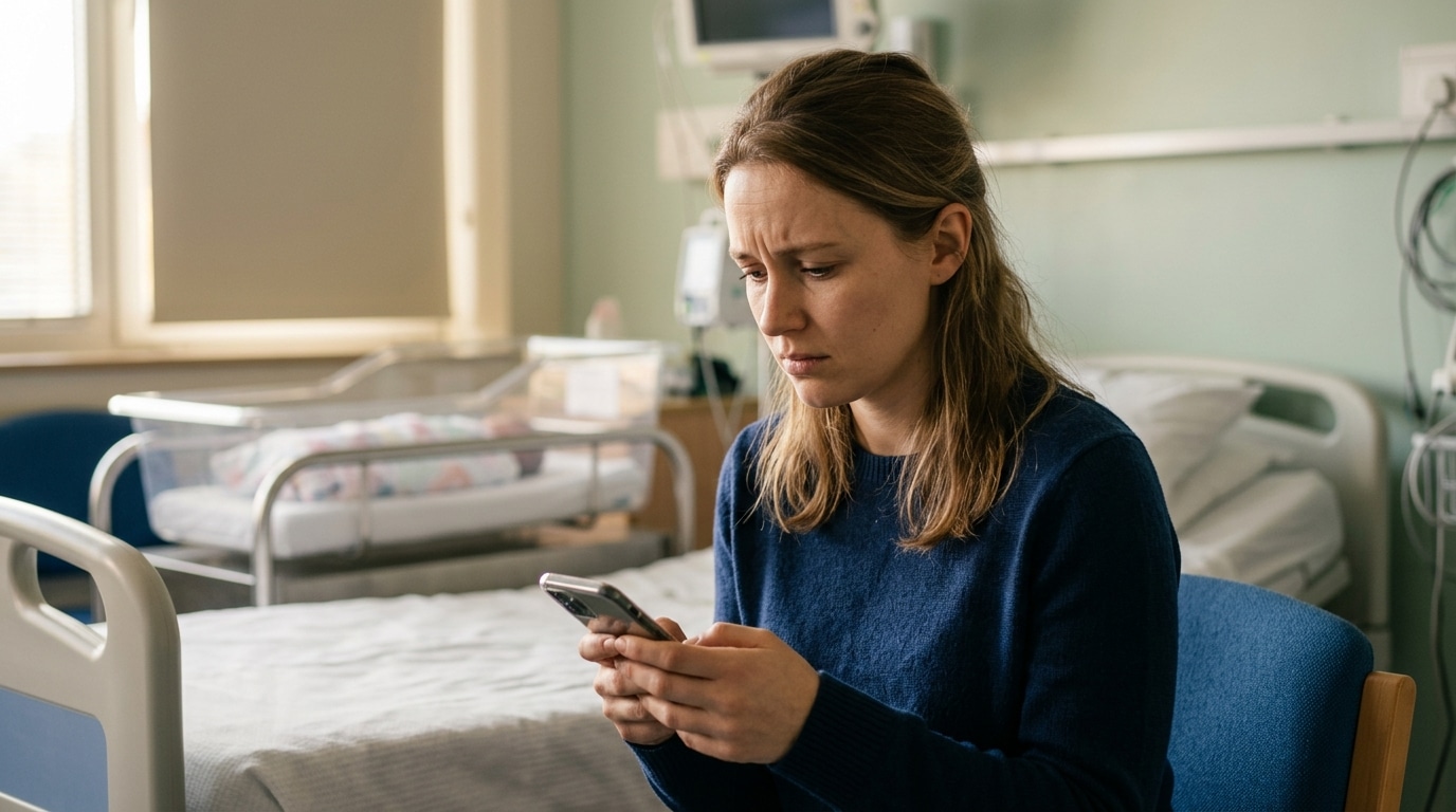 Jeune mère anxieuse consultant son téléphone à l'hôpital