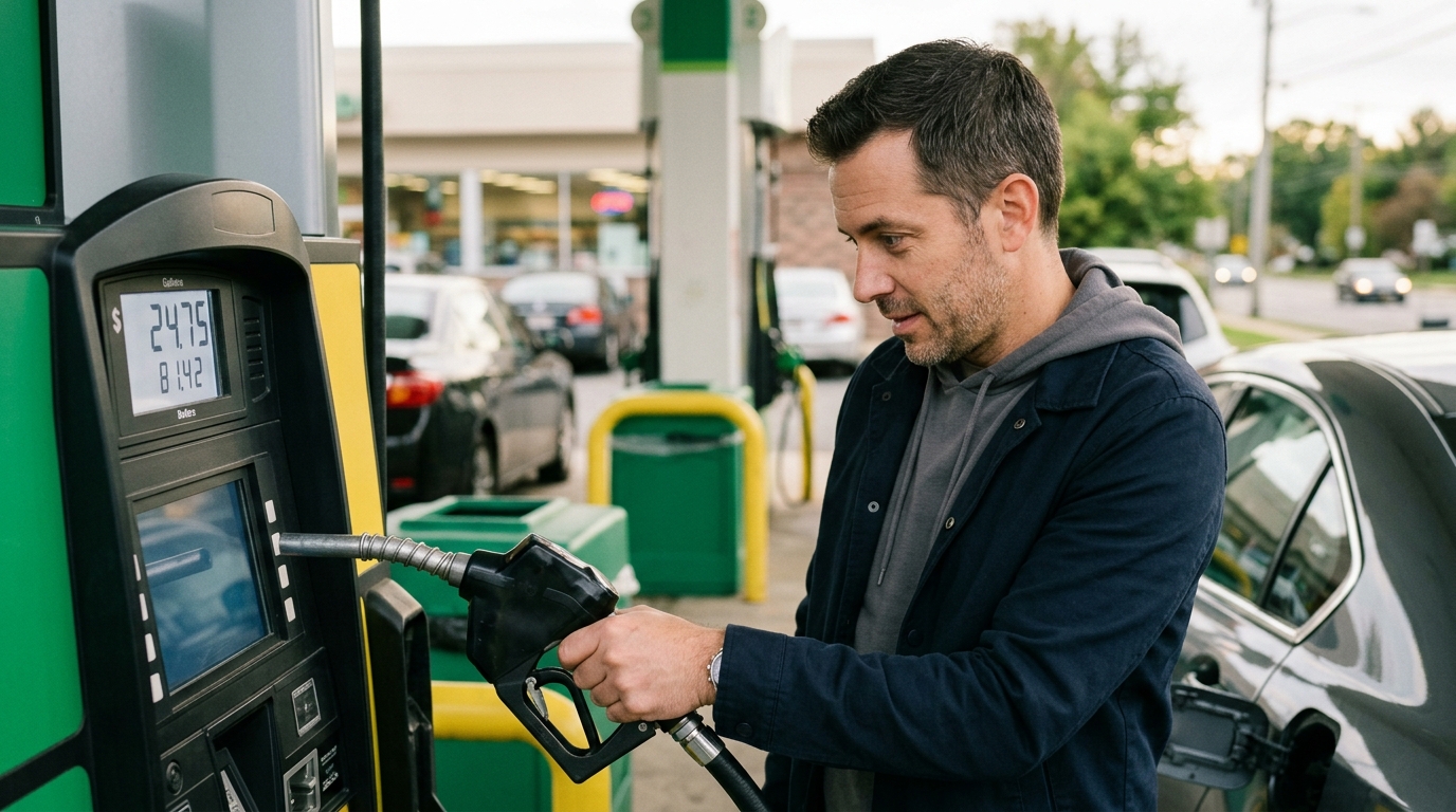 Automobiliste faisant le plein en regardant l'écran de la pompe