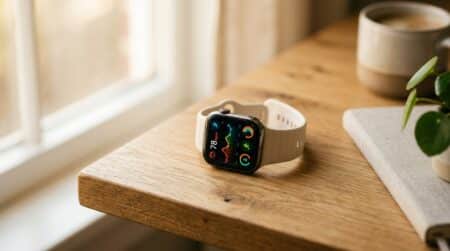 Montre connectée AMOLED ivoire posée sur un bureau