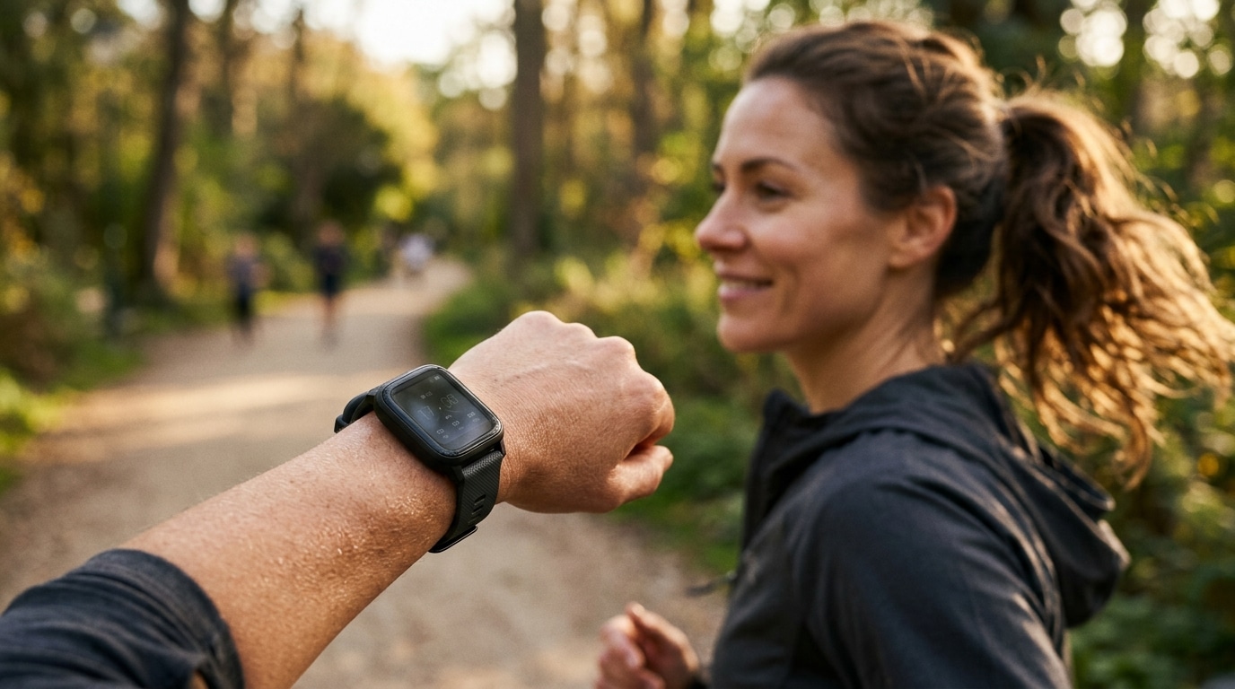 Poignet portant une montre connectée noire en extérieur