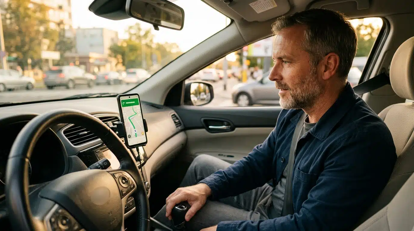 Homme consultant Google Maps sur smartphone dans sa voiture