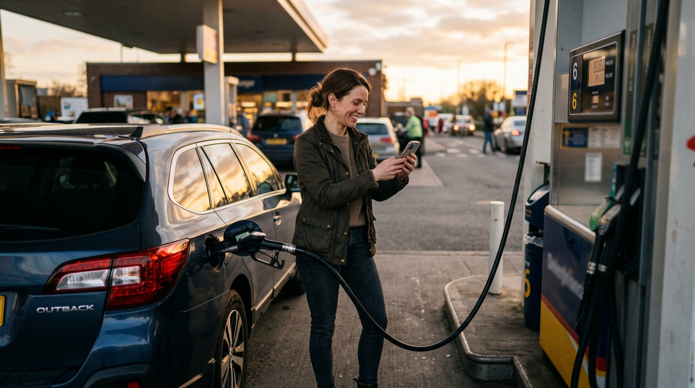 Femme souriante faisant le plein après avoir économisé du carburant