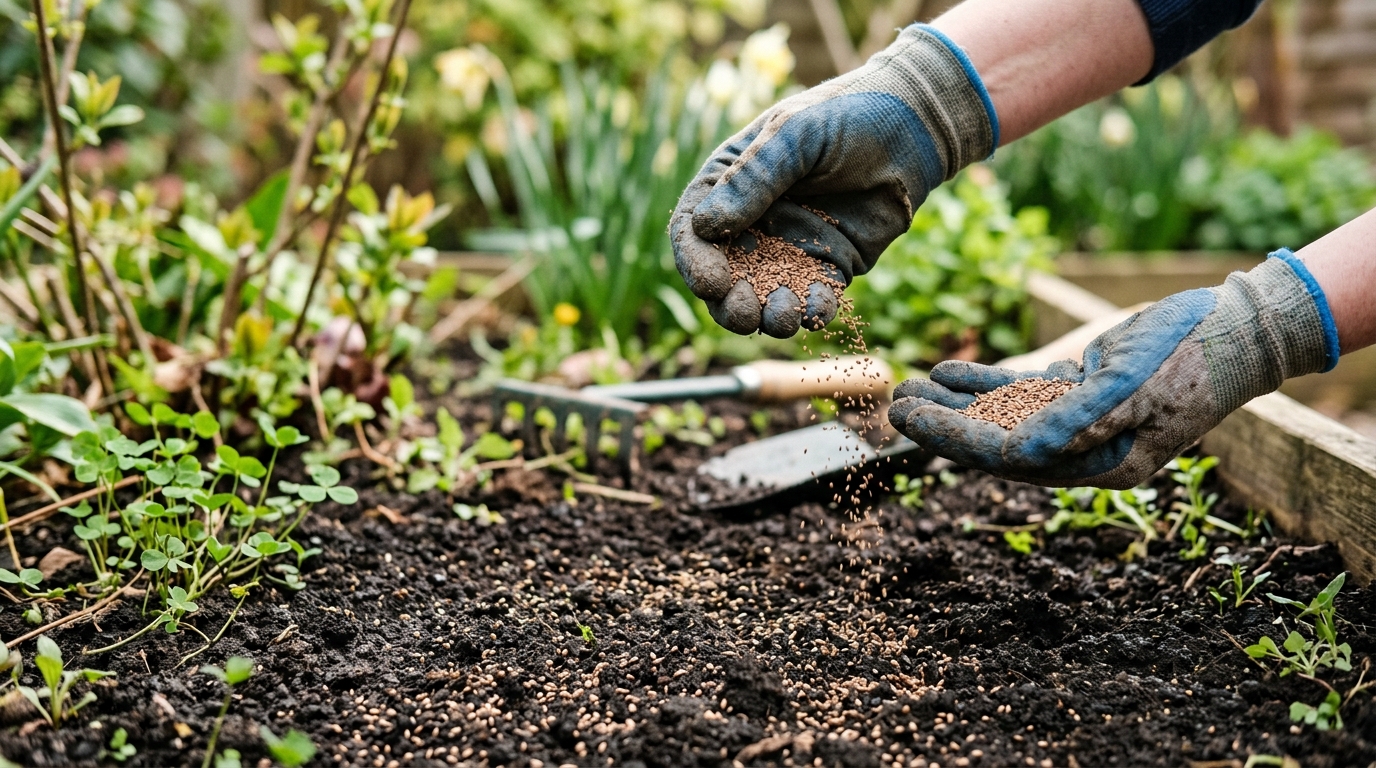 Mains semant du trèfle blanc dans un jardin