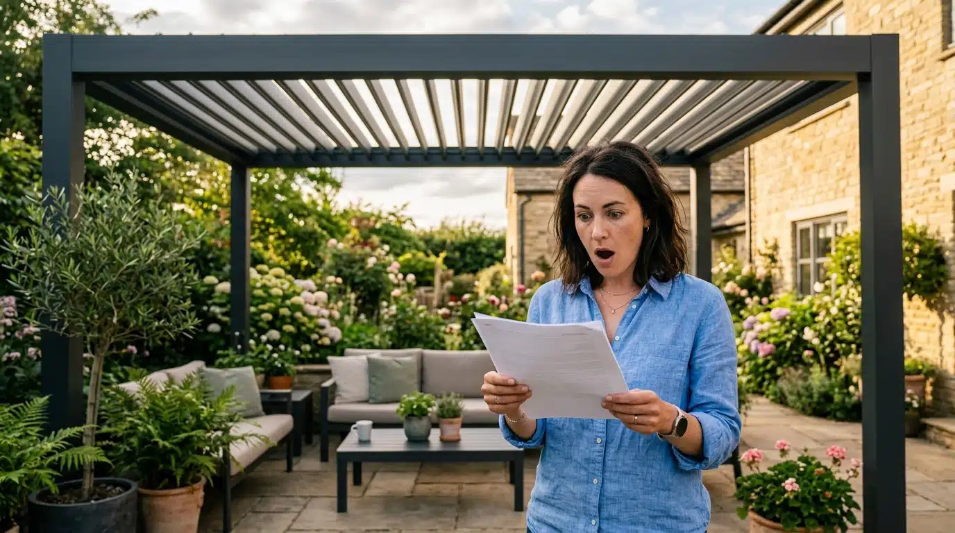 Femme surprise tenant un avis d'imposition près d'une pergola