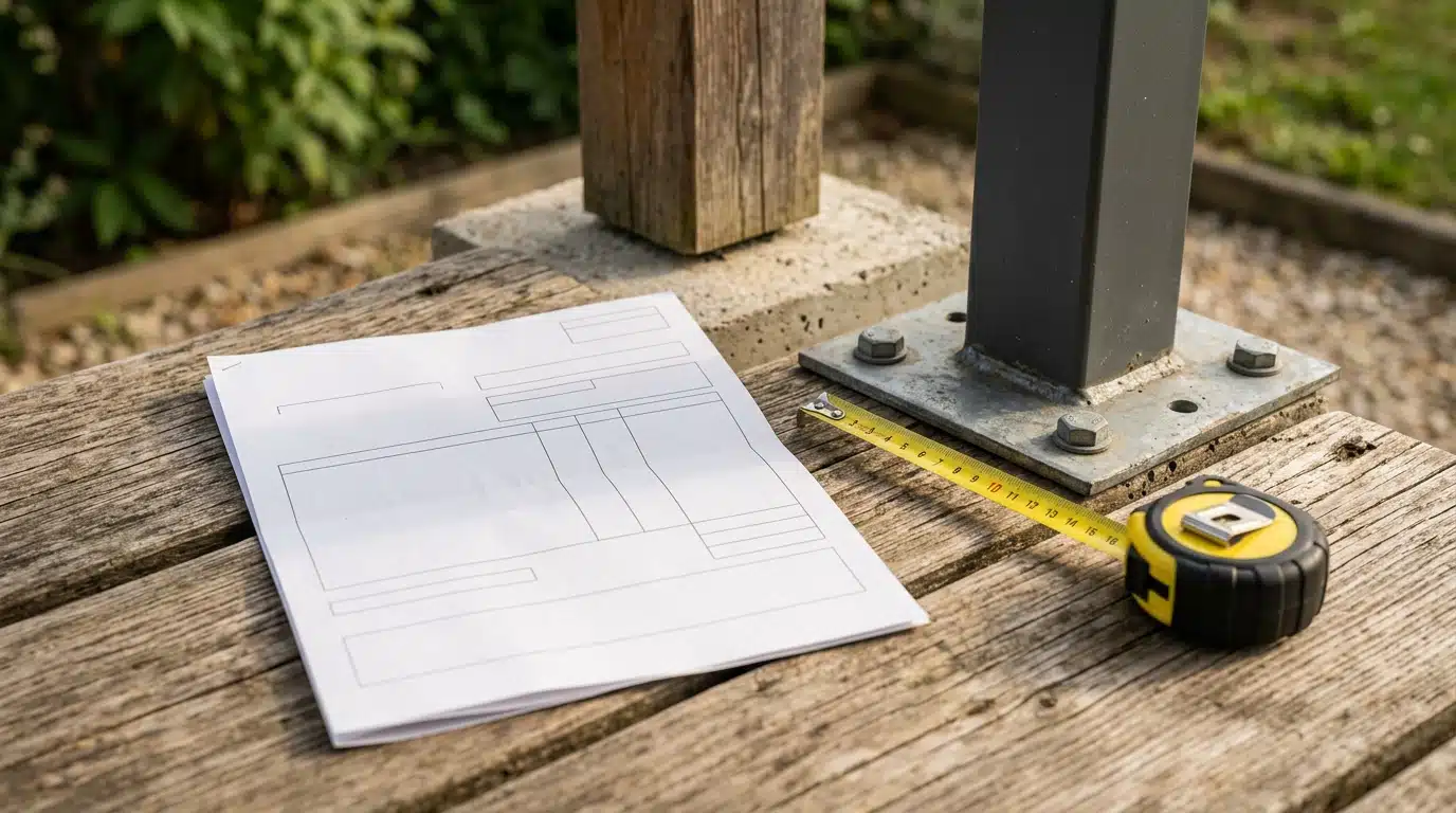 Mètre ruban posé près d'un pied de pergola fixé au sol