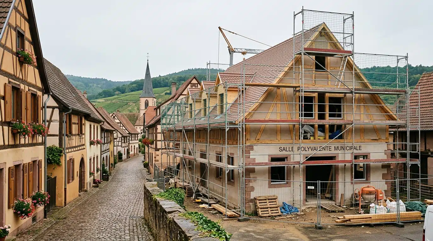 Salle communale en construction dans un village alsacien