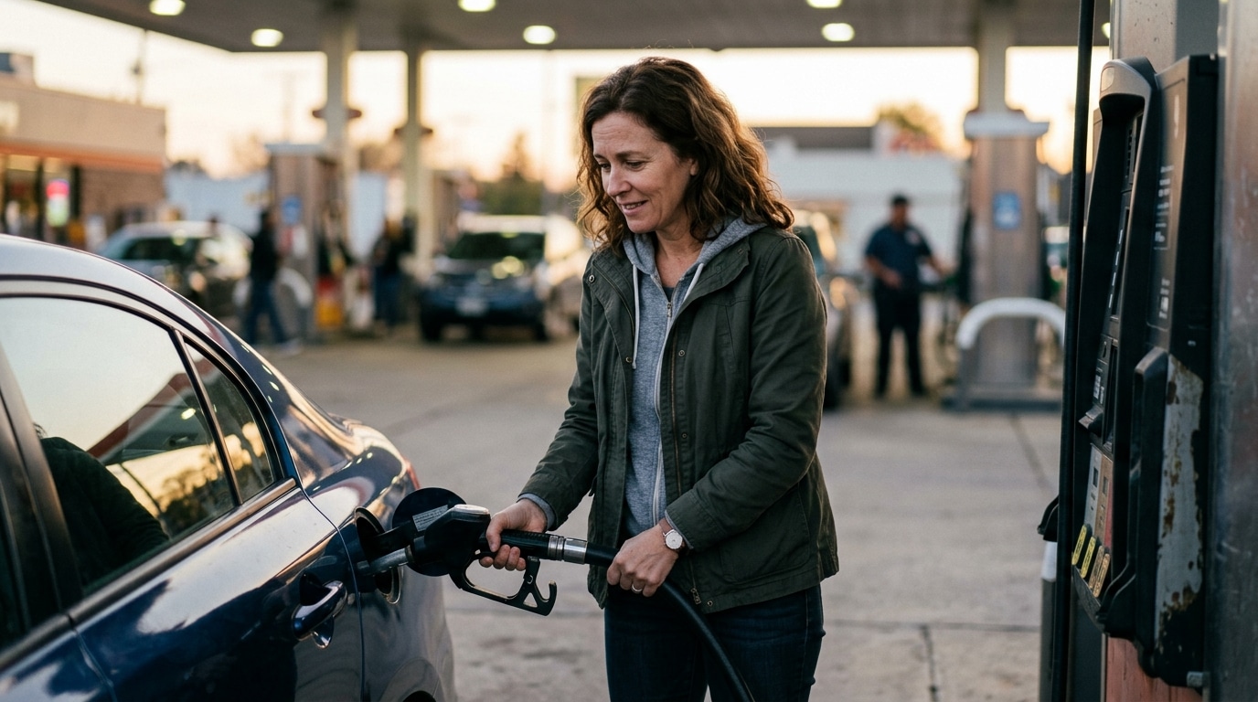 Automobiliste soulagé devant la pompe à essence