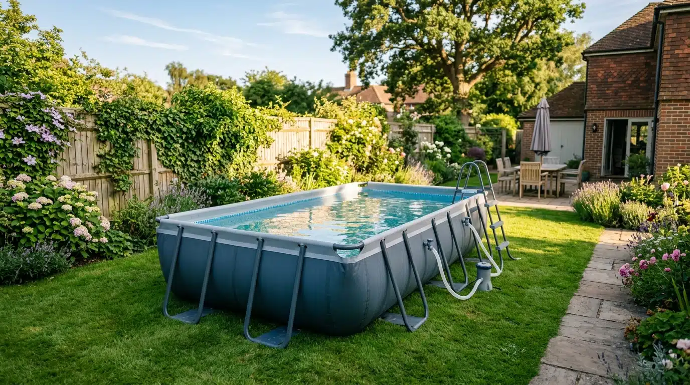 Petite piscine tubulaire installée sur pelouse de jardin