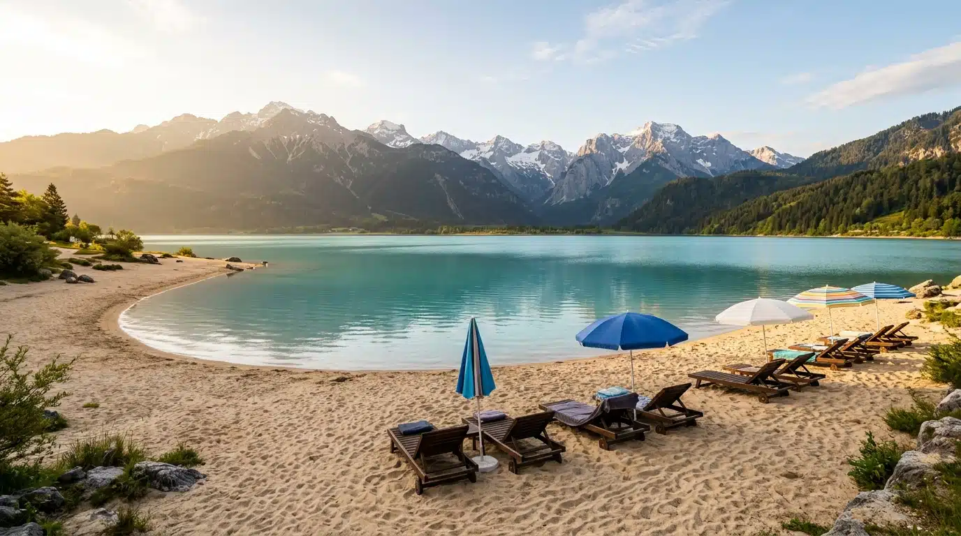Plage de sable calme au bord du lac Léman