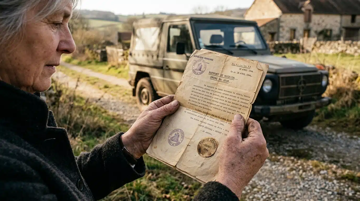 Document ancien et véhicule militaire vintage en campagne
