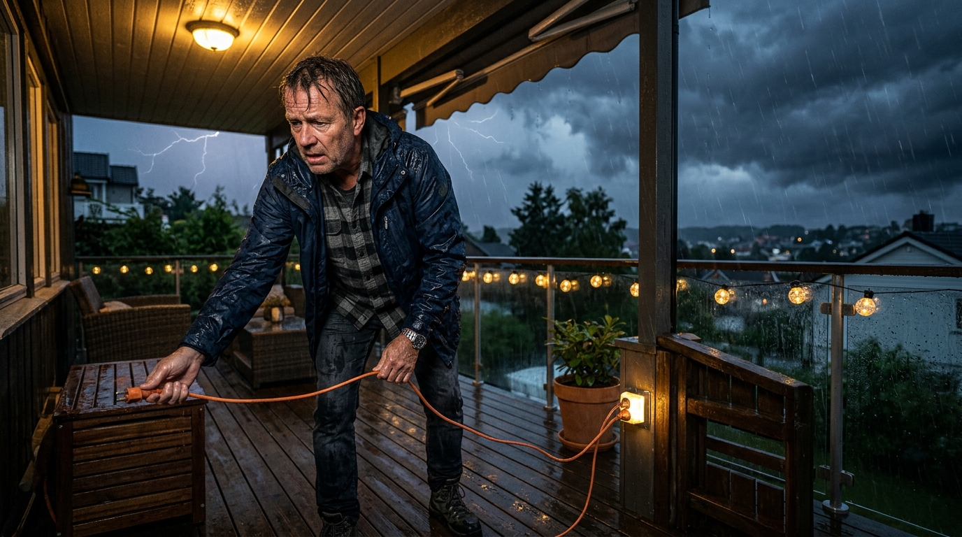 Homme débranchant une prise extérieure sous la pluie