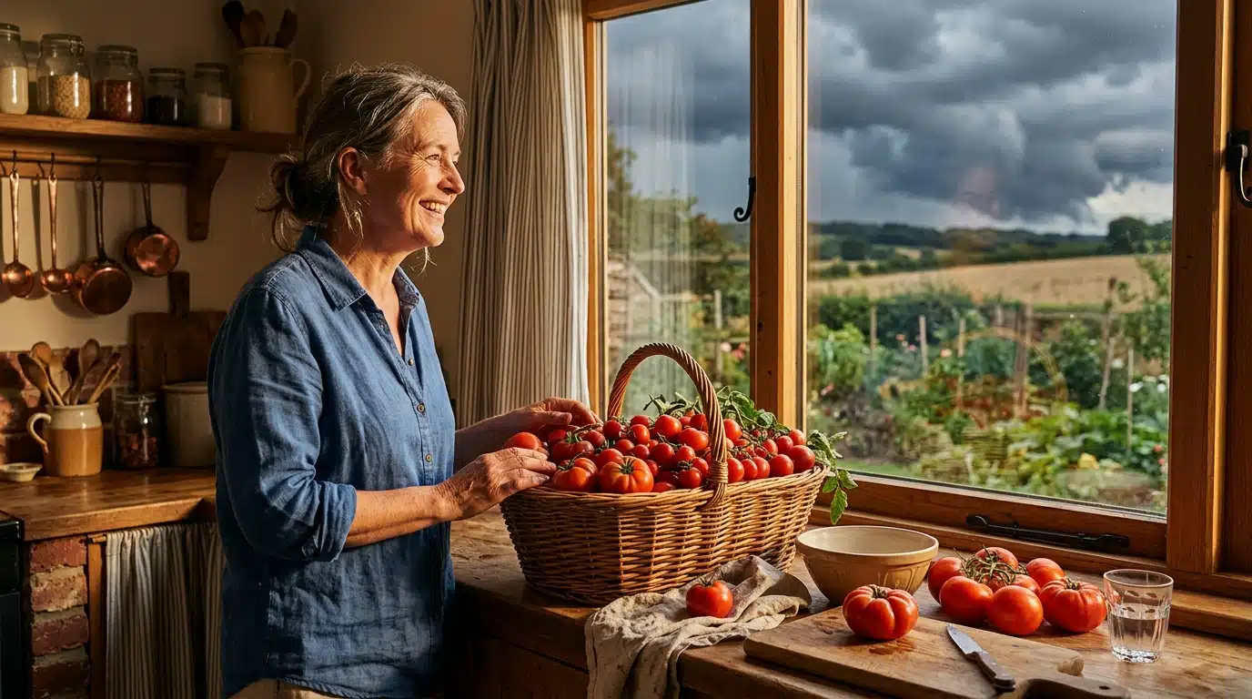 Panier de tomates fraîches du jardin sur un plan de travail