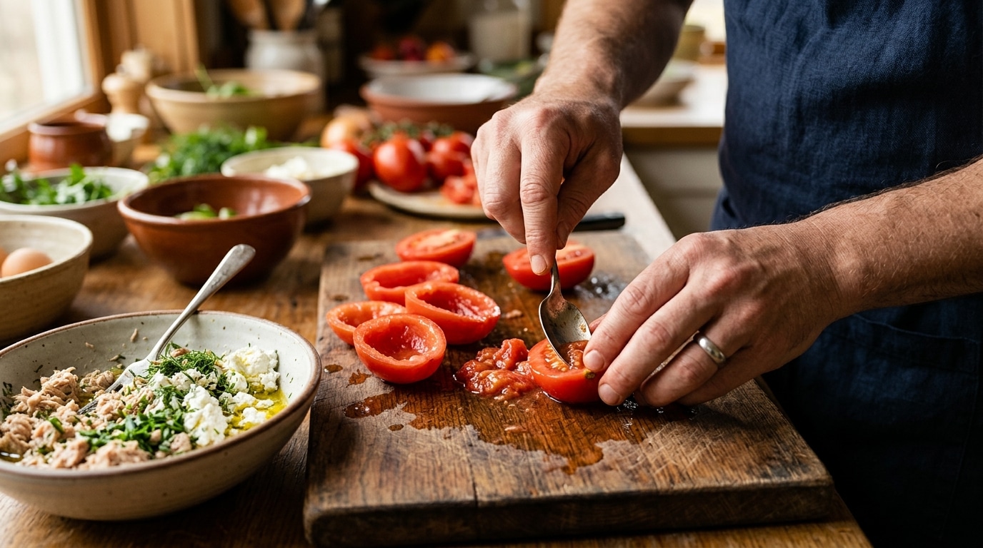 Mains évidant des tomates pour une farce froide