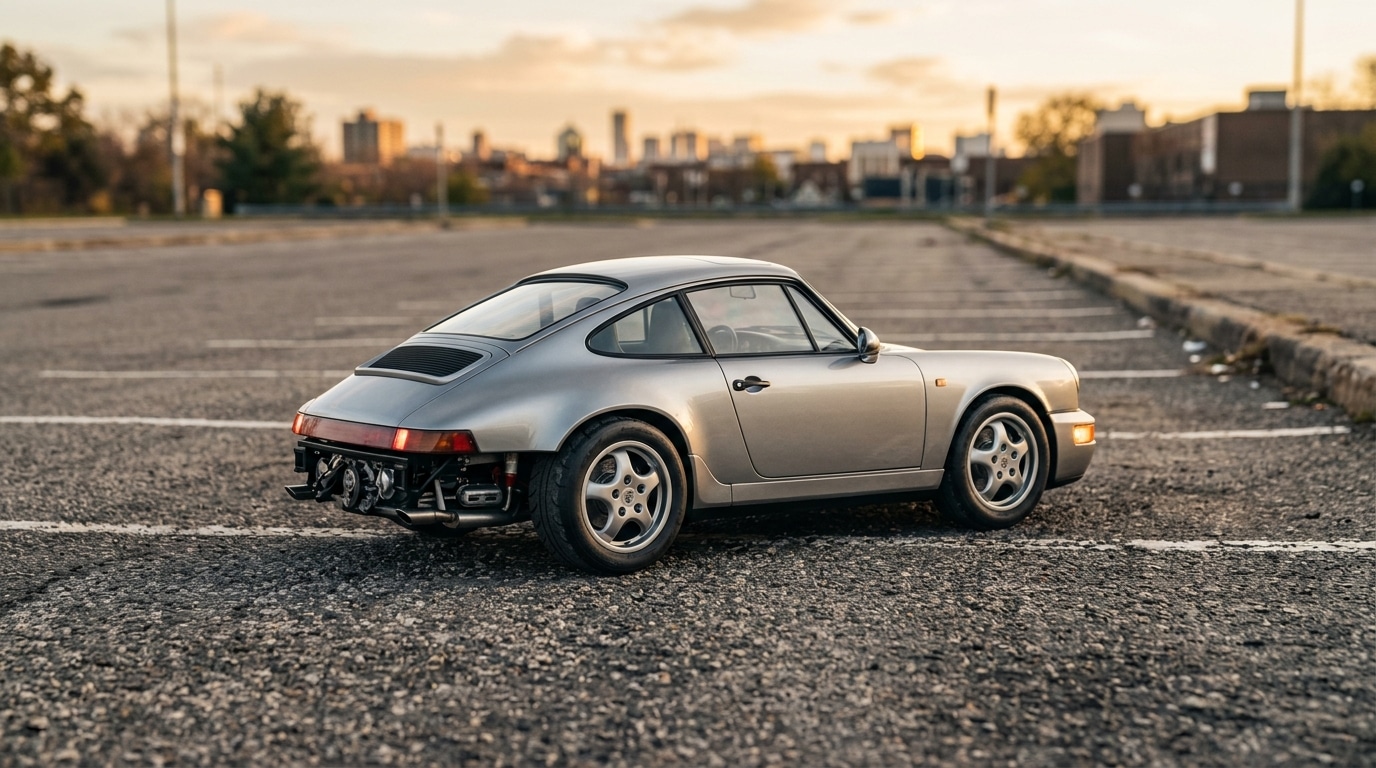 Réplique miniature de Porsche 911 sur parking asphalté