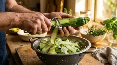 Mains tranchant des courgettes crues à l'économe pour la salade