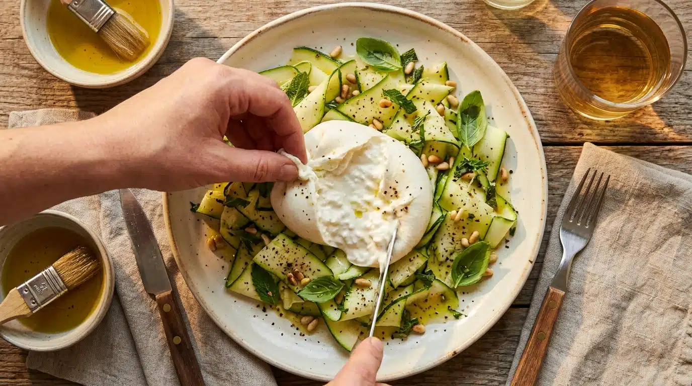 Burrata crémeuse posée sur un lit de courgettes crues marinées