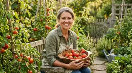 Femme souriante tenant un bol de tomates du jardin