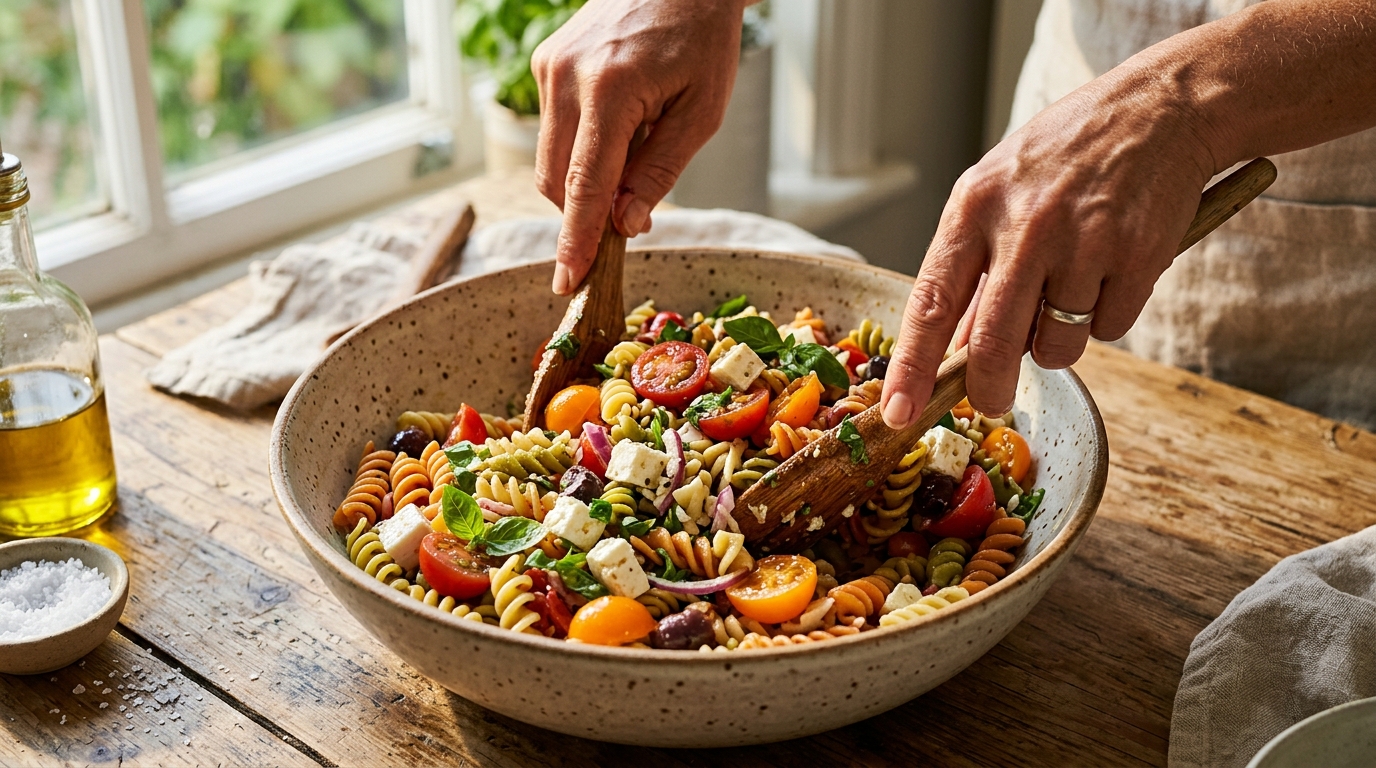 Préparation d'une salade de tomates pâtes et feta