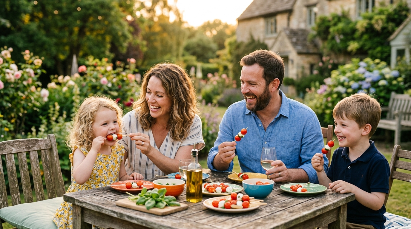 Enfants dégustant des brochettes tomate mozzarella