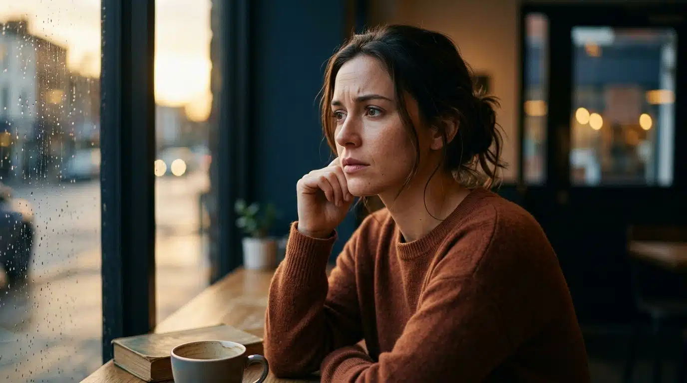 Jeune femme pensive au crépuscule près d'une fenêtre