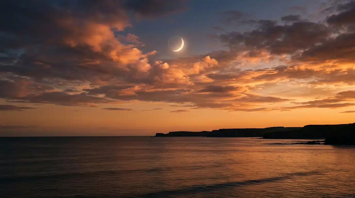 Croissant de lune orangé au-dessus de l'océan